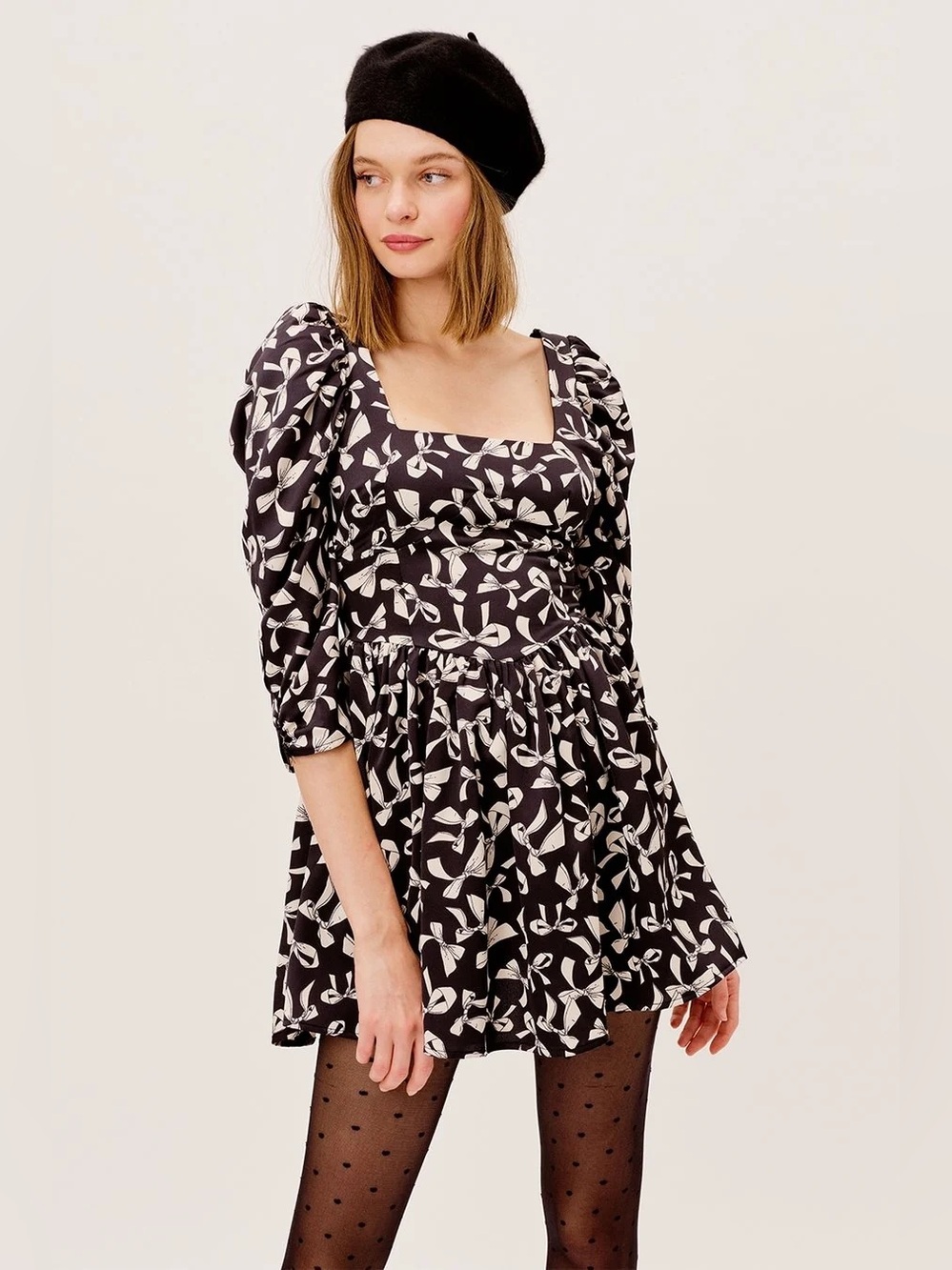 For Love & Lemons Black and White Bow Print Square Neck Mini Dress Angelica